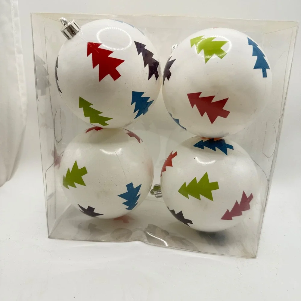 4 Shatterproof Christmas Ornaments White with Colorful Trees